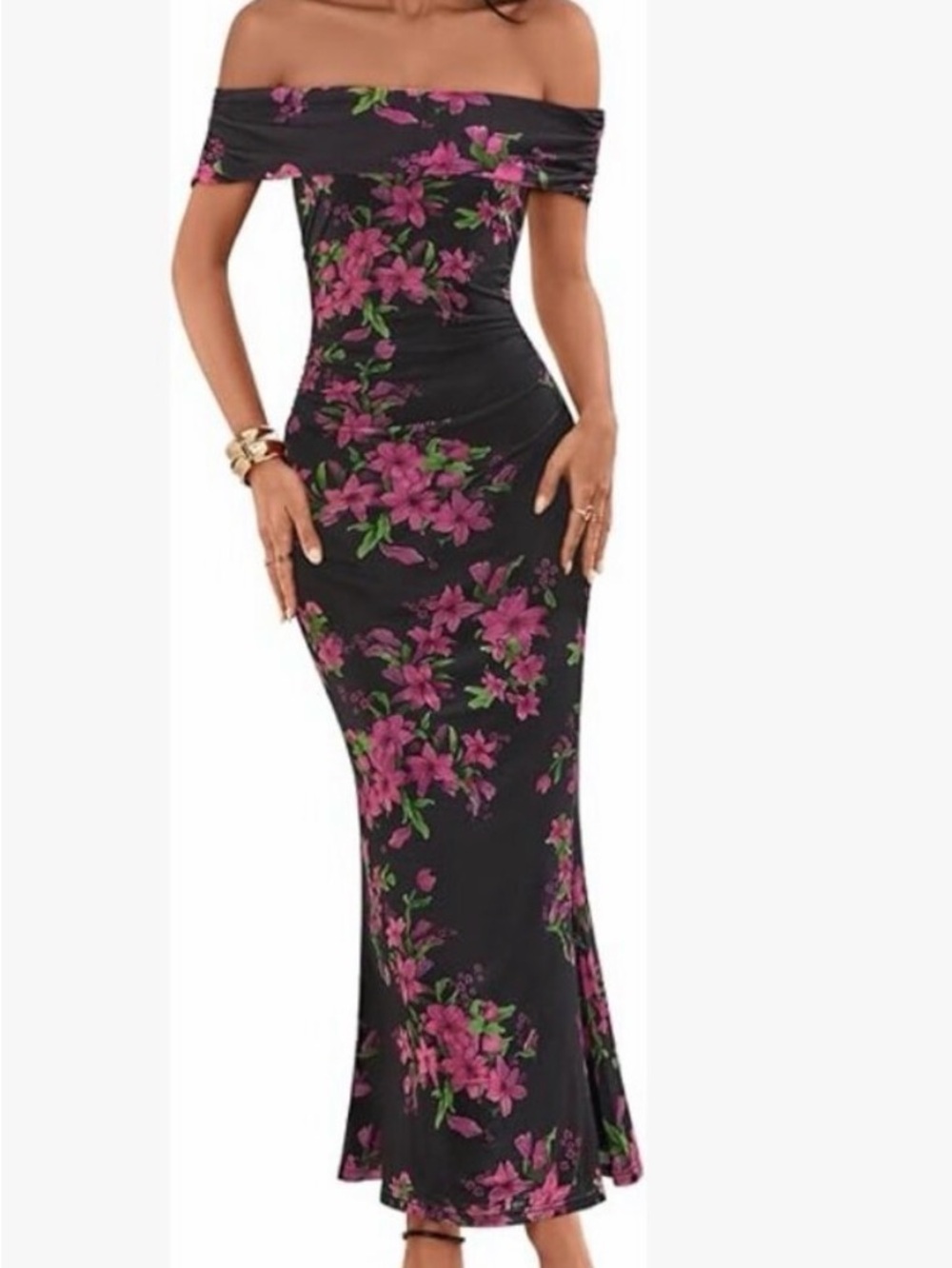 MEROKEETY Women's Off Shoulder Floral Maxi Bodycon Dress Size Small